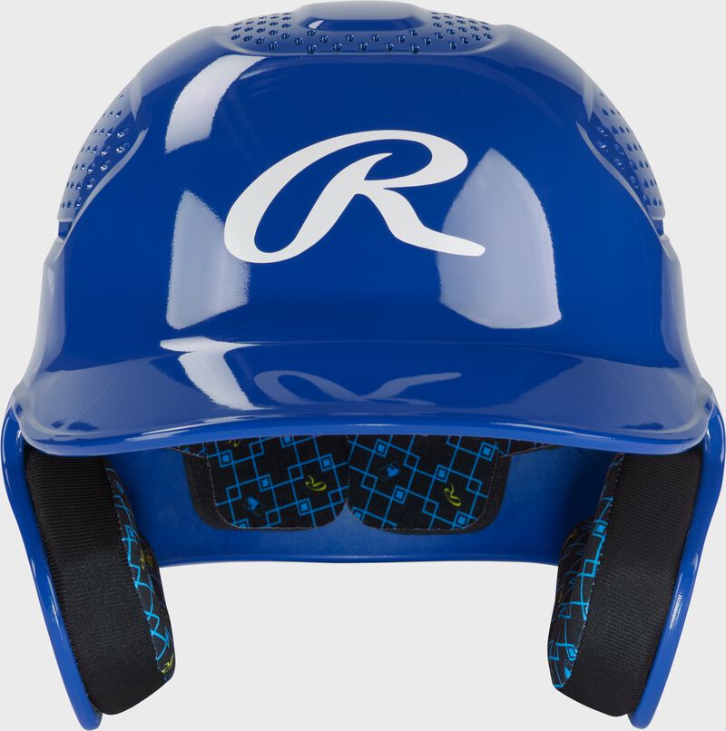 Front of a royal Rawlings RX2 gloss baseball batting helmet