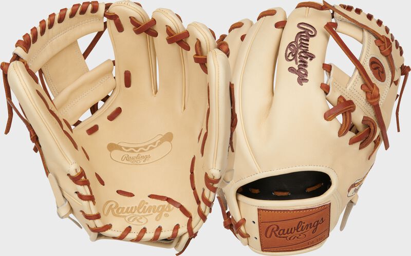 2 images of the palm and back of a Rawlings Heart of the Hide Hot Dog infield glove loading=