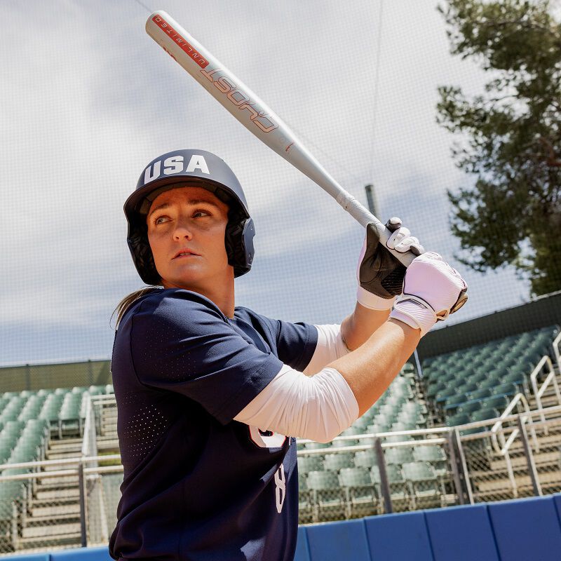 A picture of Haylie McCleney in her batting stance with a 2025 Ghost Unlimited bat