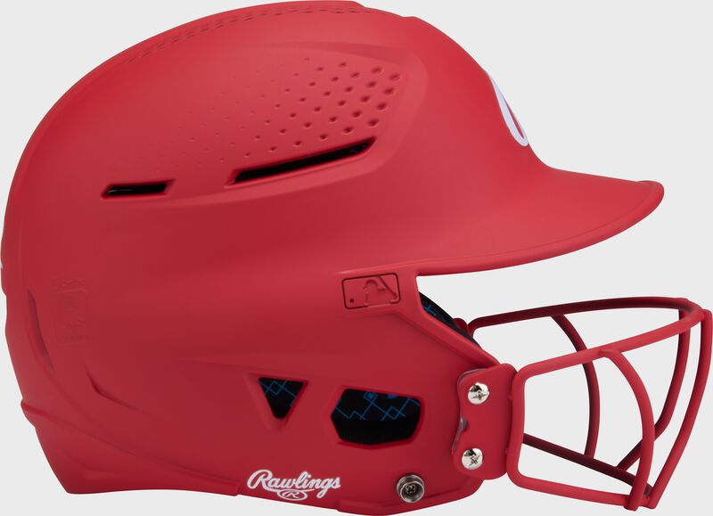 Right side of a scarlet Rawlings RX2 fastpitch batting helmet