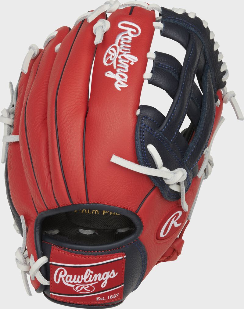 Scarlet back of a Select Pro Lite Ronald Acuna Jr. glove with a red Rawlings patch - SKU: SPL115RA loading=