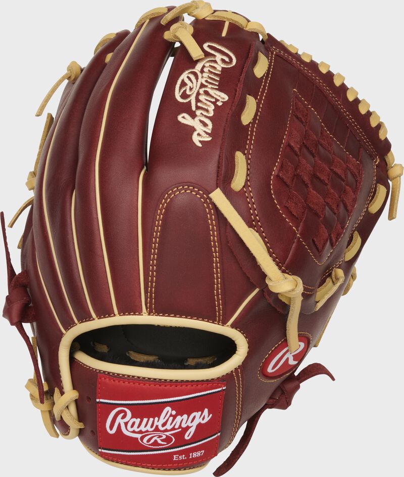 Back of a sherry Sandlot Series 12-Inch basket web glove with a red Rawlings patch - SKU: S1200BSH loading=