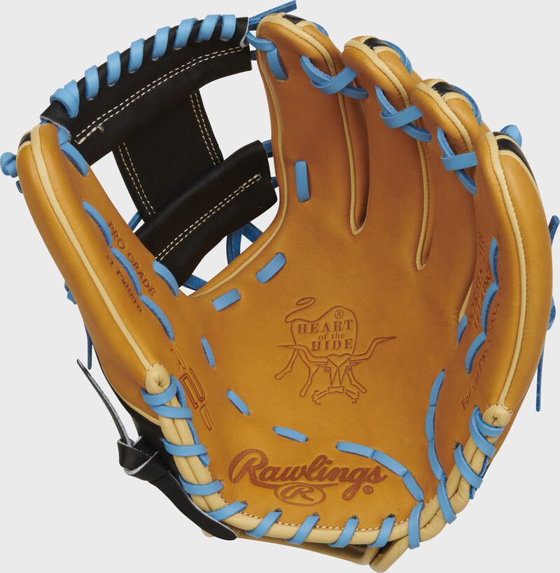 Tan palm of a Rawlings Heart of the Hide R2G infield glove with Columbia blue laces - SKU: PROR315-2TB