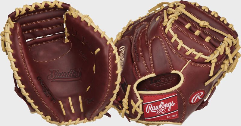 Two images showing the palm & back of a sherry Sandlot Series 33" catcher's mitt