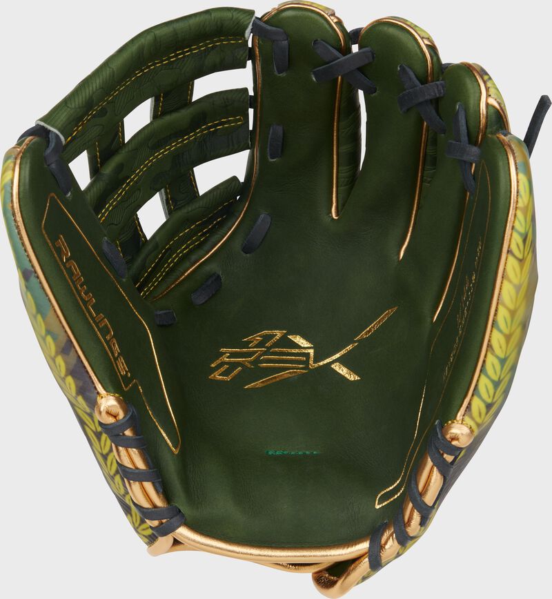 Military Green leather palm of a Rawlings REV1X 11.75" Veteran's Day infield glove