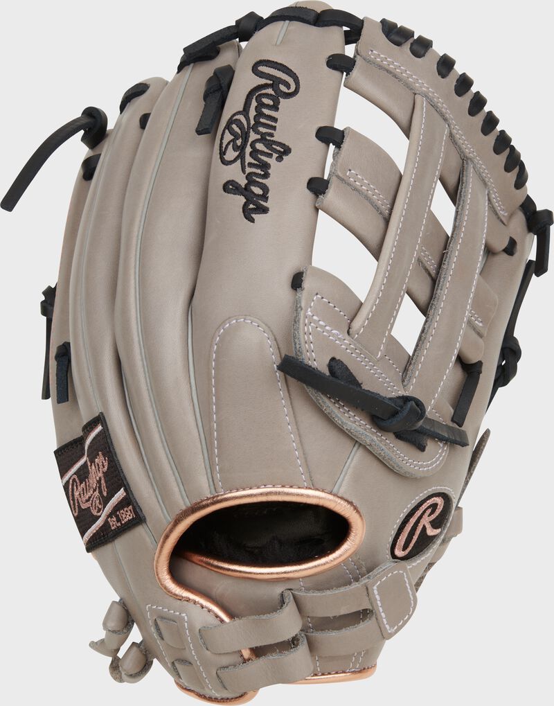 Gray back of a Rawlings R9 Series 12" ContoUR Fit fastptich glove with a pull strap back