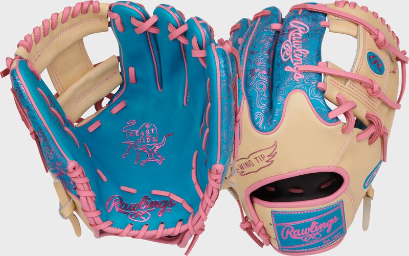Two images showing the palm & back of a teal/camel Heart of the Hide Vibrant Series teal topo print infield glove