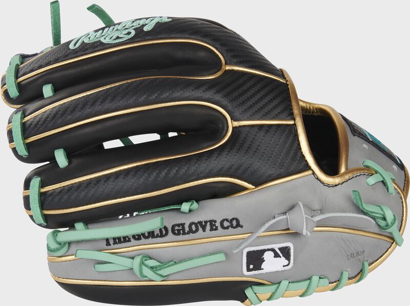 Black Hyper Shell back of a gray/black Heart of the Hide infield glove with the MLB logo on the pinky - SKU: PRO934-2BCF