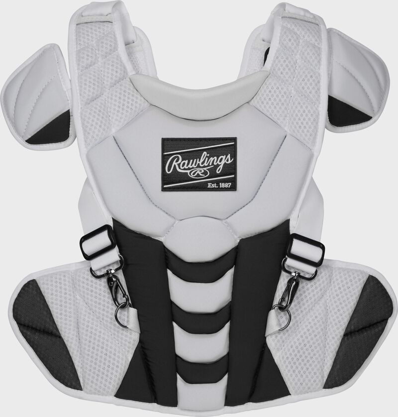 Front of a white/black Velo softball chest protector