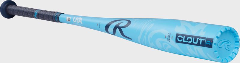 Angled image of a blue Rawlings Clout AI -10 USA bat