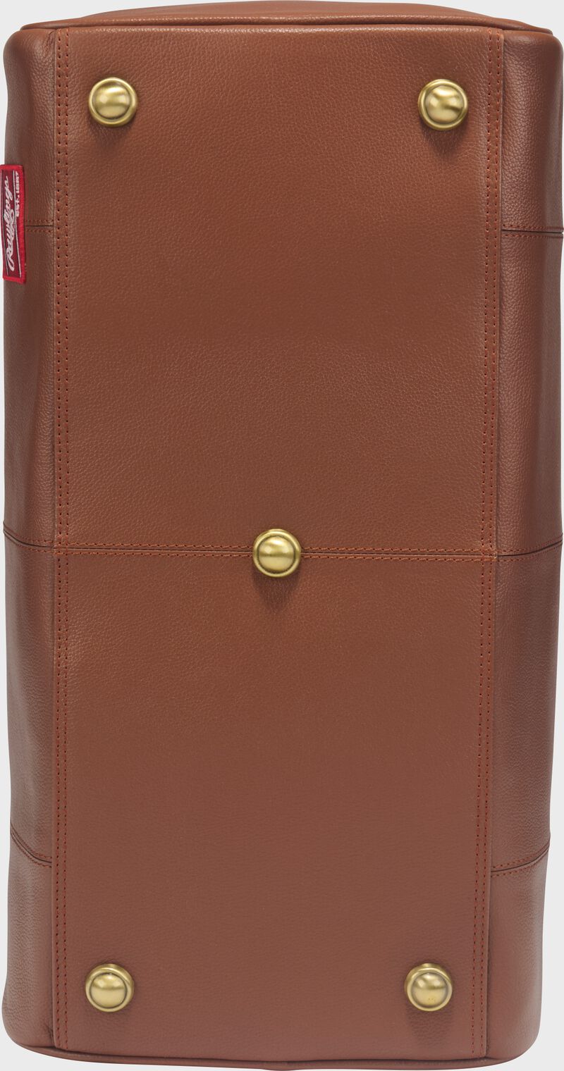 Bottom of a tan Rawlings Strike Out duffle bag