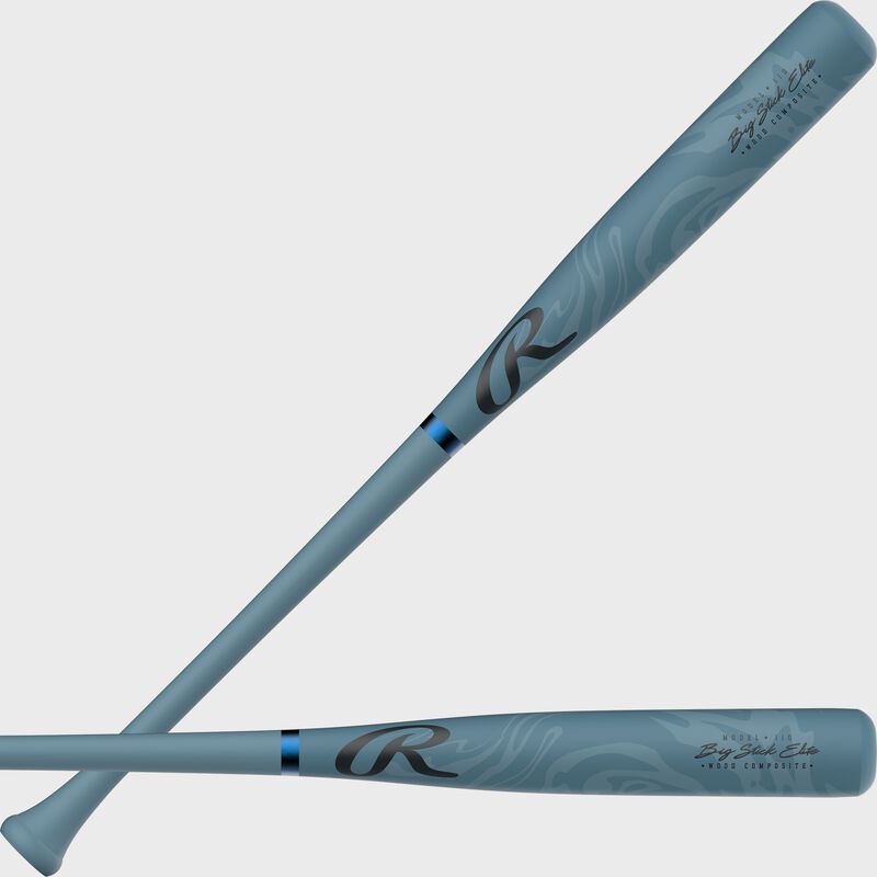 Two images of a blue Rawlings Big Stick Elite 110 composite wood bat