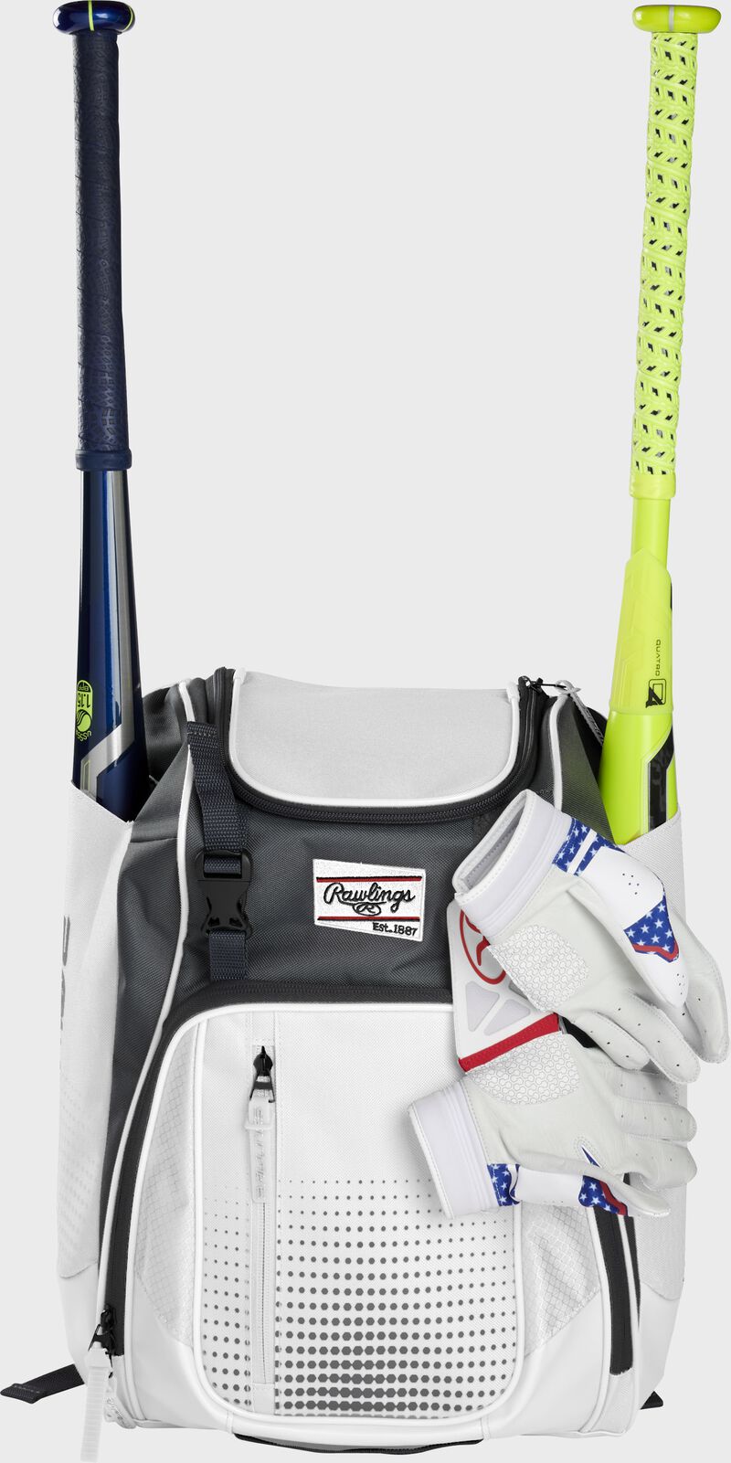 A white Franchise backpack with two bats in the sides and batting gloves on the front Velcro strap - SKU: FRANBP-W
