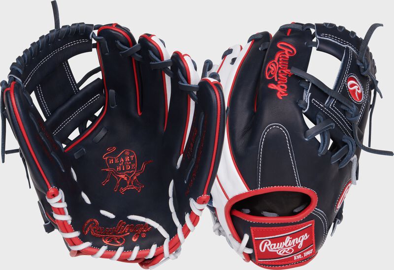 Two images showing the palm & back of a navy/white Heart of the Hide 11.5" ContoUR Fit infield glove