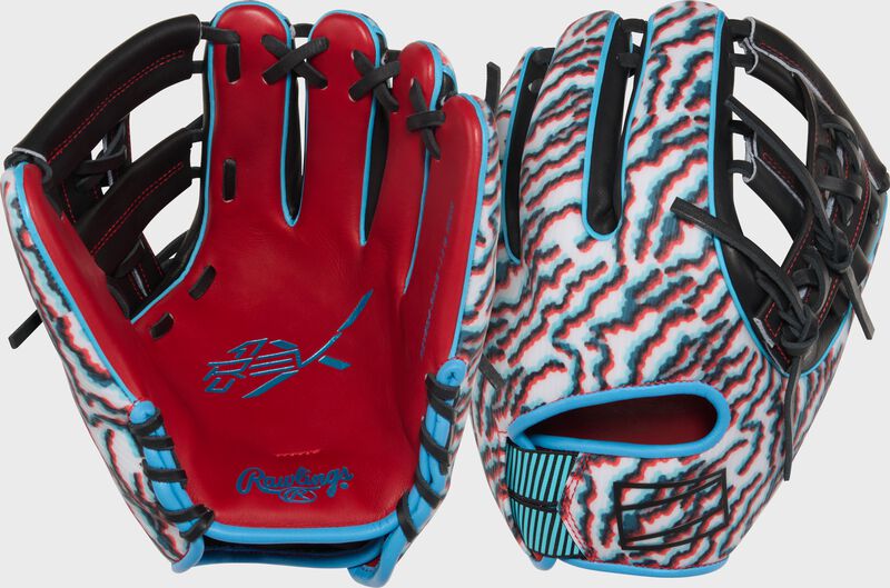 Two images showing the palm & back of a scarlet/black/white Rawlings REV1X 11.5-Inch Infield Glove