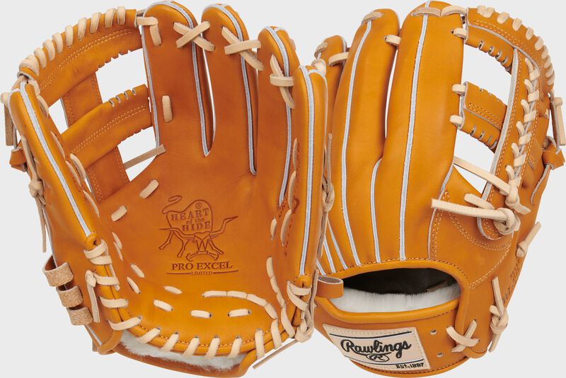 Two images showing the palm & back of a rich tan Rawlings Heart of the Hide Japan Series 11.5" glove