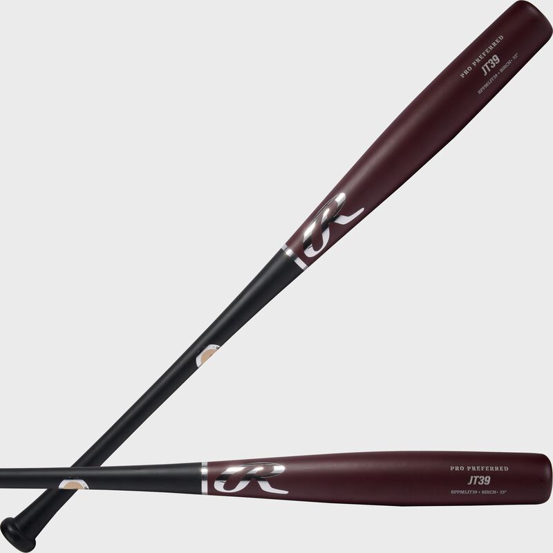 Two images showing a black/maroon Pro Preferred JT39 torpedo barrel birch wood bat