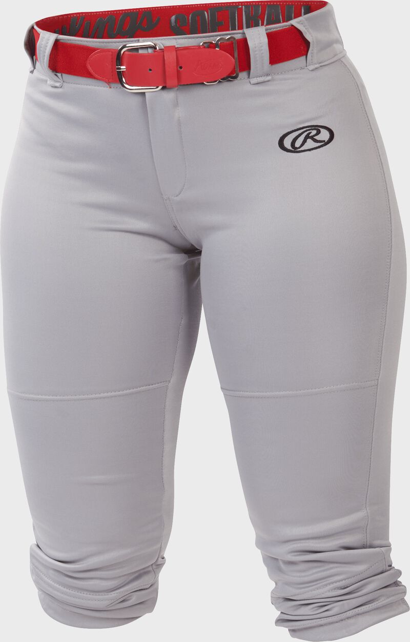 WLNCH Blue Gray Women's launch softball pants with a scarlet belt loading=