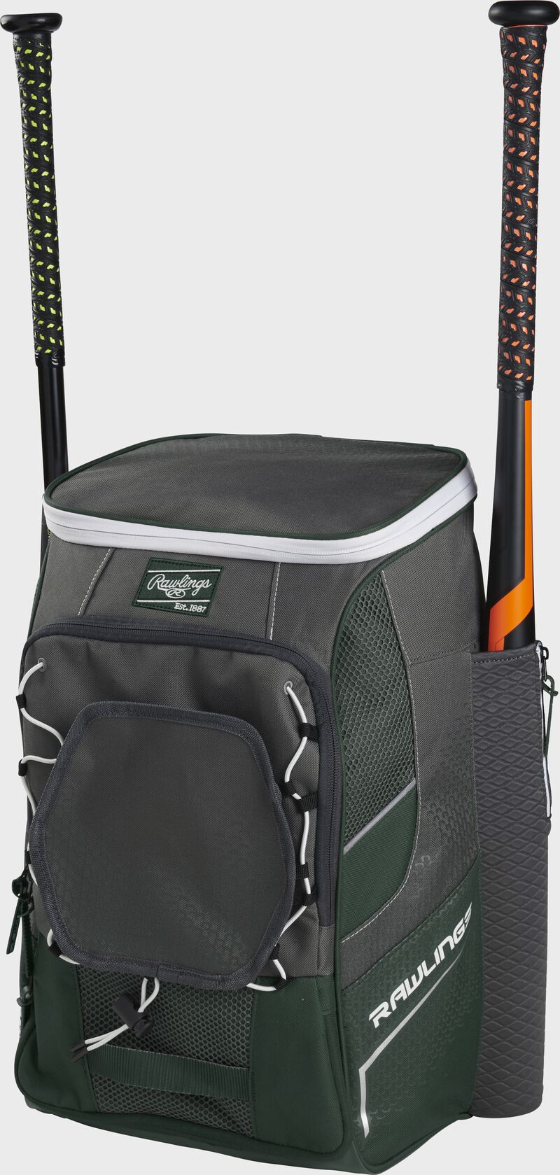 Front right angle view of a dark green Impulse backpack with two bats in the side sleeves - SKU: IMPLSE-DG