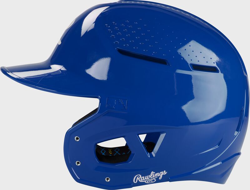 Left side of a royal Rawlings RX2 gloss baseball batting helmet