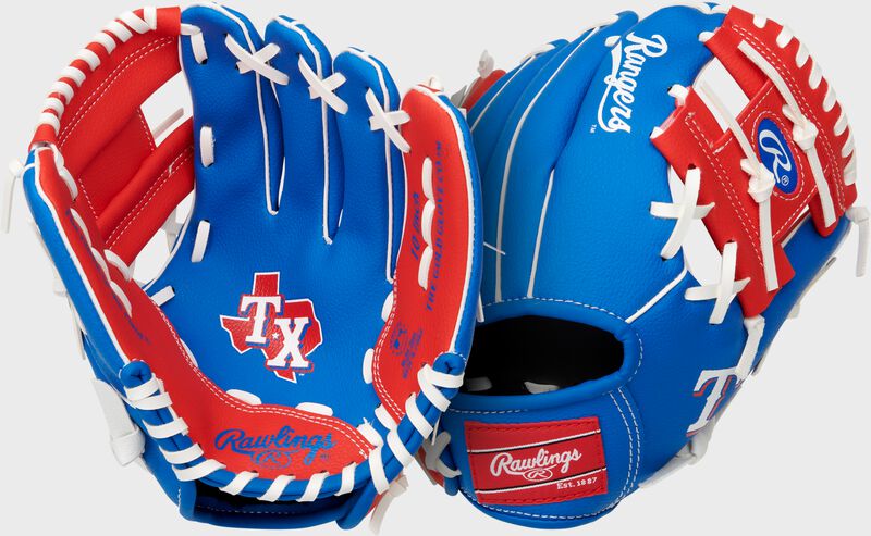Two images showing the palm & back of a royal/scarlet Texas Rangers team logo youth glove loading=