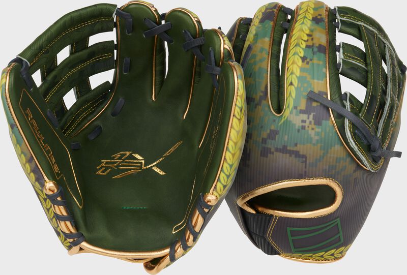 Two images showing the palm & back of a Rawlings REV1X 11.75" Veteran's Day infield glove