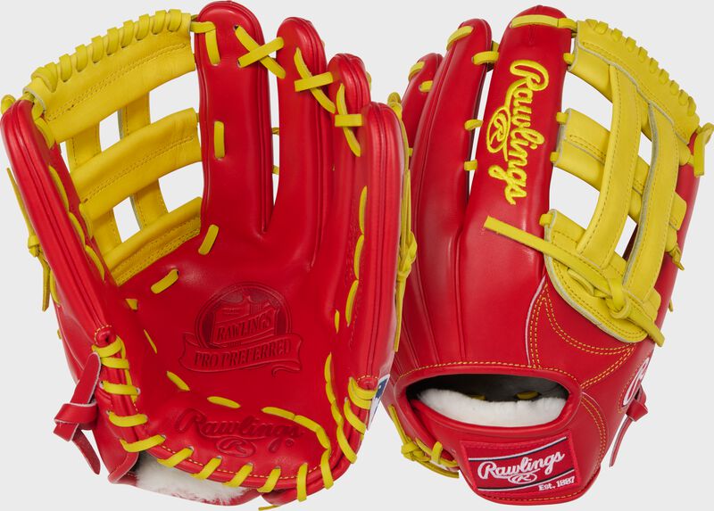 Two images showing the palm & back of a scarlet/yellow Rawlings Pro Preferred 12.75" outfield glove
