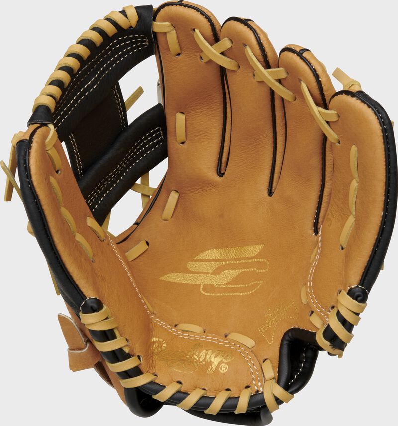 Palm of a tan Rawlings Sure Catch glove with gold stamping and a Sure Catch notch on the heel - SKU: SC100TBI loading=
