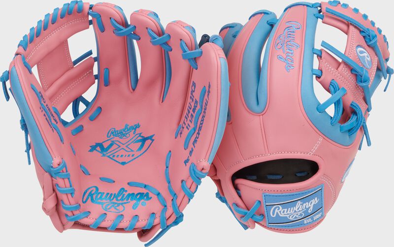 Two images showing the palm & back of a pink/Columbia blue Rawlings NXT Series 11.5-Inch Infield Glove