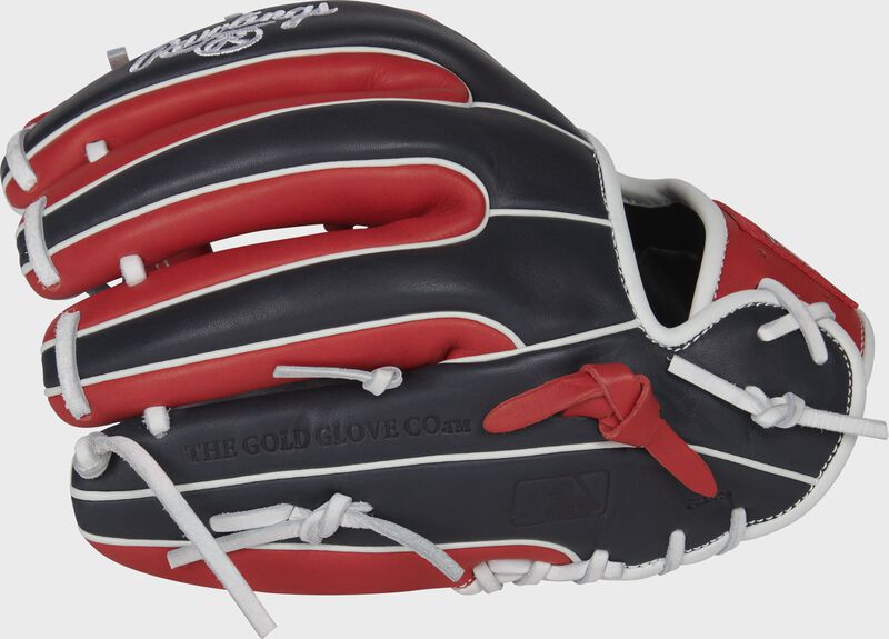 Pinky back view of black, red, and white 2022 Breakout 11.5-inch I-Web infield glove loading=