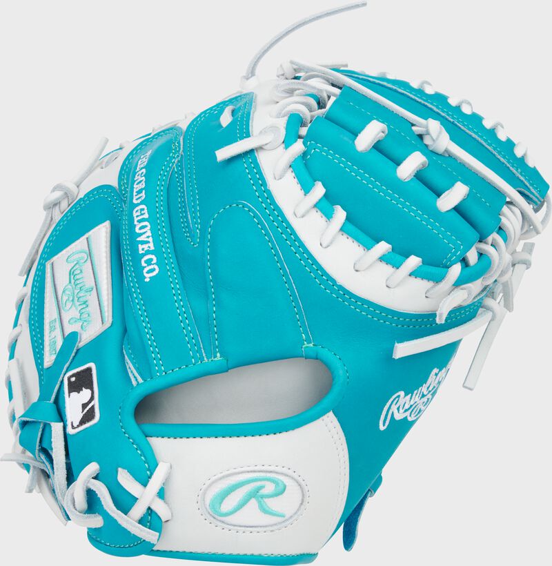 Back of a teal/white Exclusive Heart of the Hide 33-Inch Catcher's Mitt