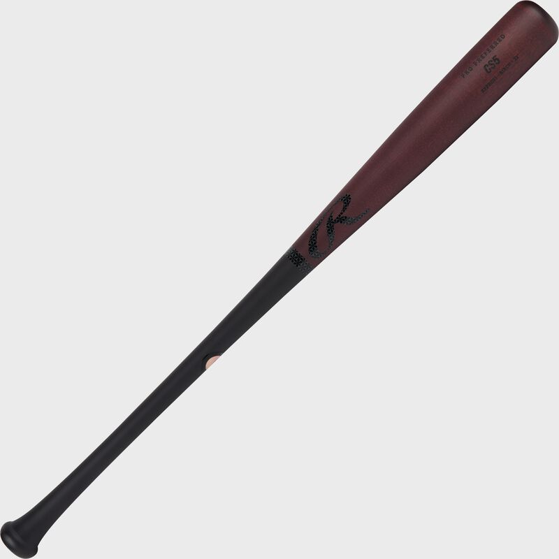 Full view of an exclusive black/maroon Pro Preferred CS5 birch wood bat shown bottom left to top right - SKU: RPPBCS5