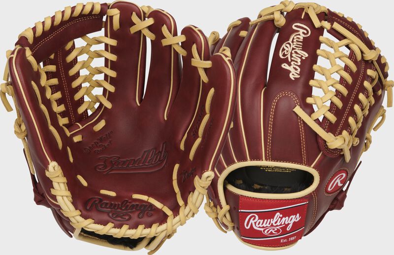 Two images showing the palm & back of a sherry Sandlot Series 11.75" infield/pitcher's glove