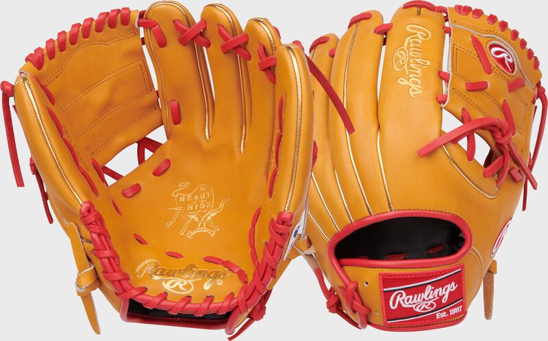 Two images showing the palm & back of a tan Jeremy Pena Heart of the Hide infield glove