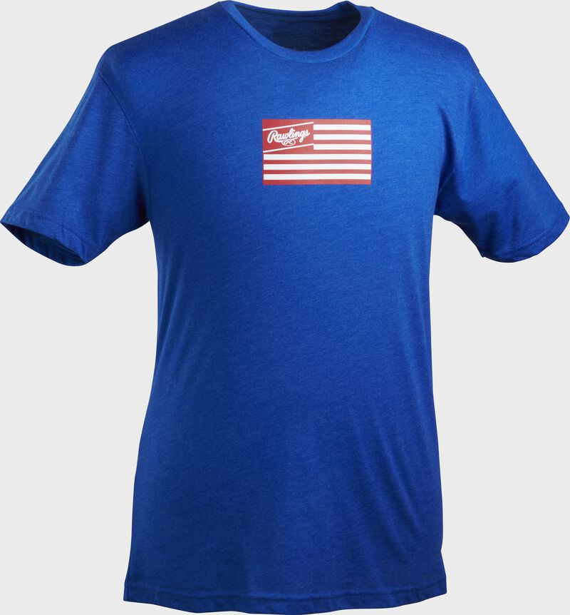 A royal blue Rawlings American Flag short sleeve shirt with a red print flag