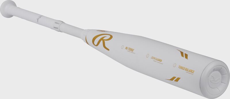 Front angle view of a white Rawlings Icon USSSA bat with gold accents and white end cap - SKU: RUT4I10 loading=