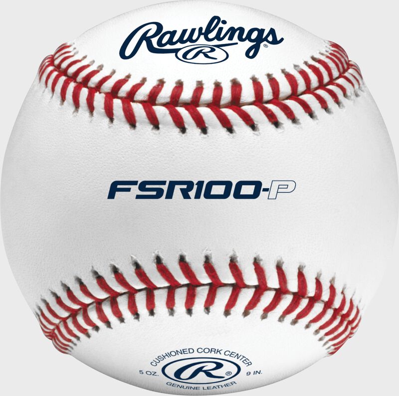 A Rawlings flat seam practice baseball with FSR100-P across the middle and Rawlings logo on top - SKU: FSR100-P loading=