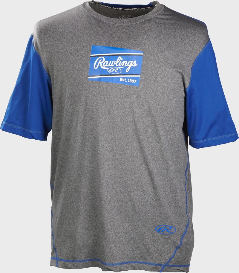 A gray/royal Rawlings adult Hurler performance short sleeve shirt with a royal Rawlings logo on the chest - SKU: HSSP-GR/R loading=