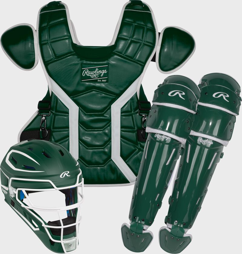 A dark green Mach Pro Series Catcher's set with a helmet, chest protector, and leg guards