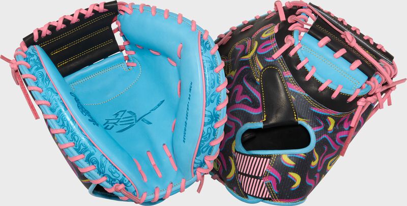 Two images showing the palm & back of a Columbia blue/black Rawlings REV1X 34-Inch Catcher's Mitt