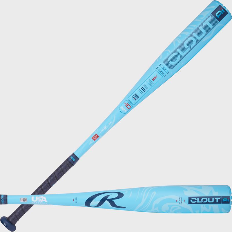 Two images of a blue Rawlings Clout -10 USA Baseball bat showing both sides of the barrel