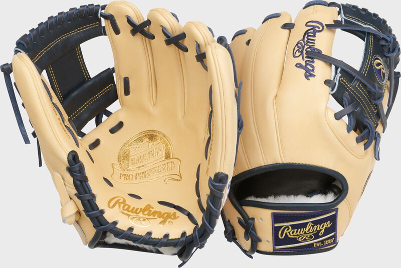 Two images showing the palm & back of a camel/navy Anthony Volpe Pro Preferred 11.5-Inch Infield Glove