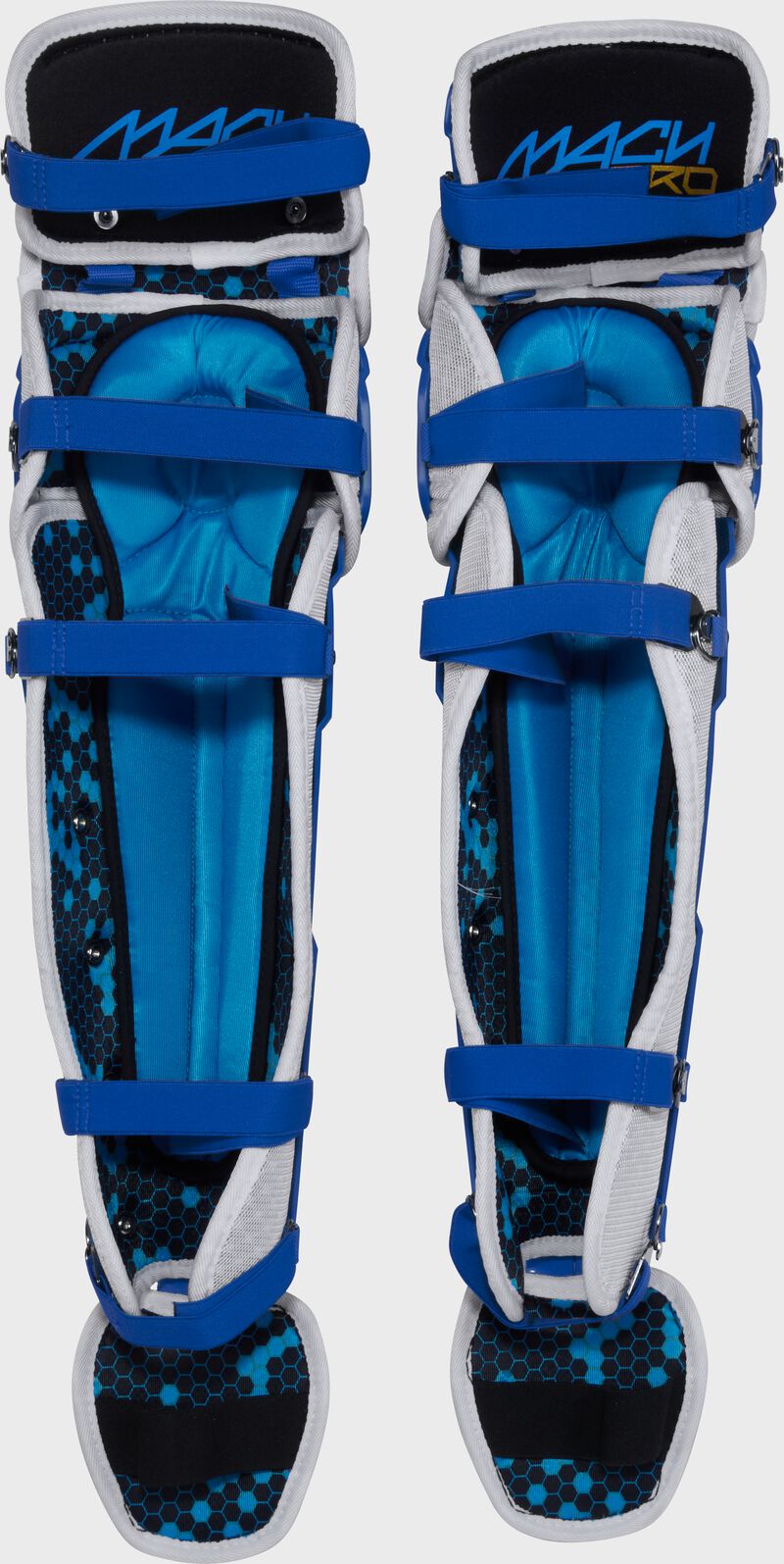 Padding of a set of royal Rawlings Mach Pro Series leg guards with the leg straps connected