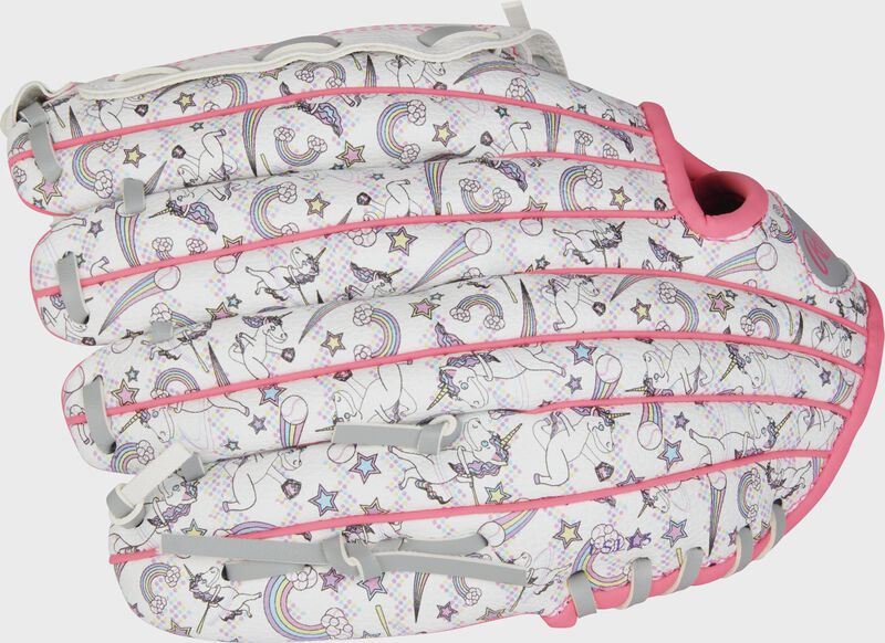 White/Unicorn print back of a Rawlings Players Series 10" youth glove - SKU: RPL10W