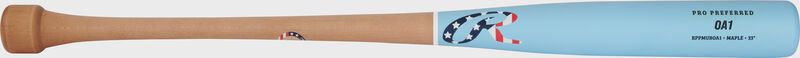 A natural/Columbia blue Rawlings Pro Preferred OA1 maple wood baseball bat shown left to right loading=