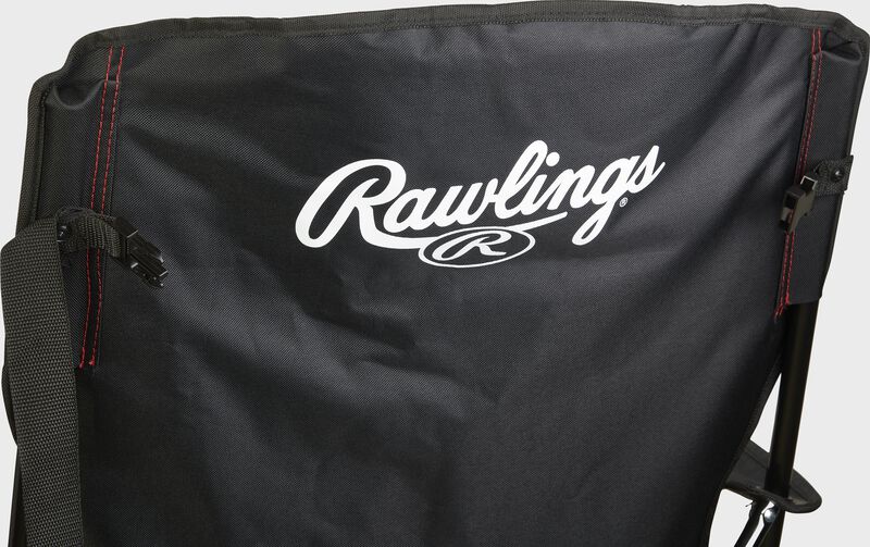 Black back of a Rawlings high back fold-up chair with a white Rawlings logo at the top - SKU: 00184043511 loading=