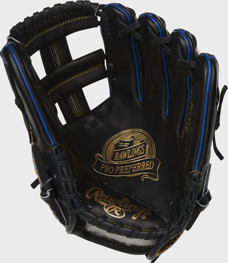 Black palm of a Rawlings Pro Preferred infield glove with black laces and a gold palm stamp - SKU: PROSNP4-20BR