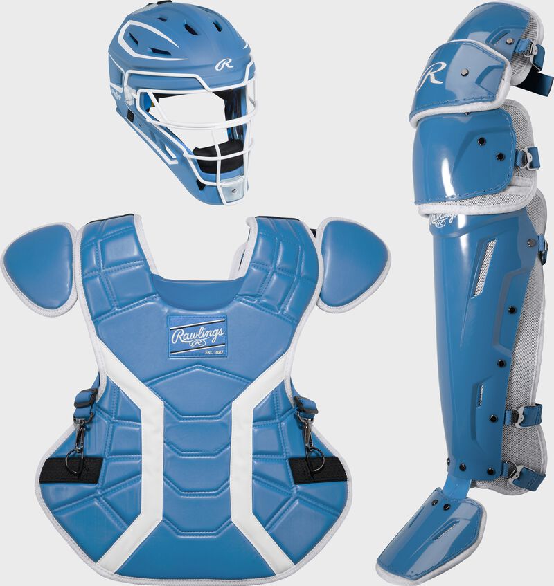 A Columbia blue Mach Pro Series Catcher's set with a helmet, chest protector, and leg guards