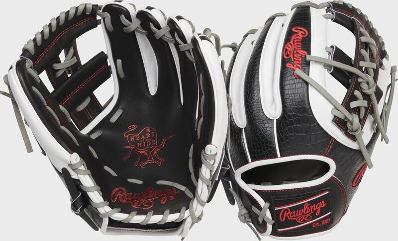 Back & palm view of a black/white Heart of the Hide 11.5" croc embossed infield glove - SKU: PRO314-32BW