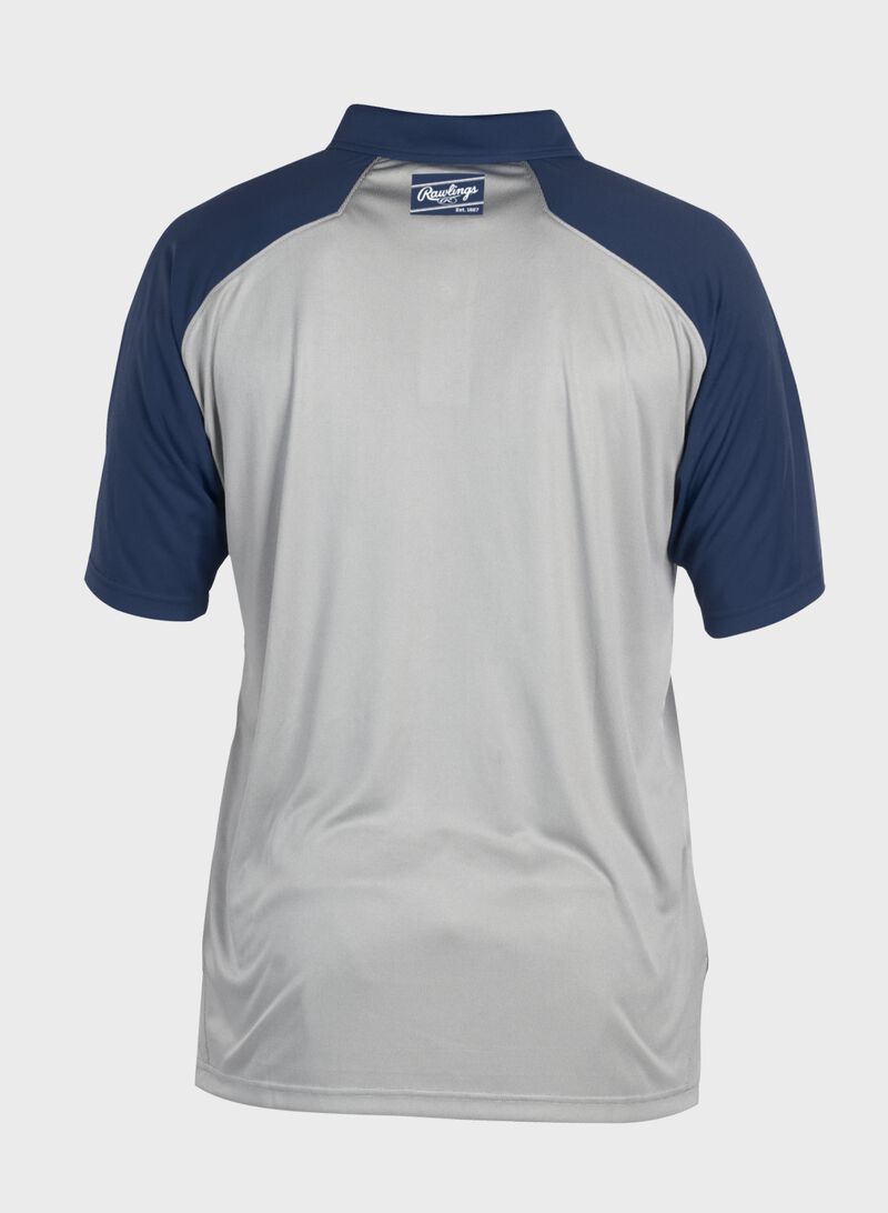 Back of a gray ColorSync polo with navy sleeves and navy Rawlings patch on the back neckline - SKU: CSP-BG/N
